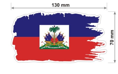 Naklejka wodoodporna z flagą Haiti w stylu duszka. Podane są wymiary, szerokość  13 cm i wysokość 7 cm. Na zewnątrz flagi państwa Haiti znajduje się biała obwódka stanowiąca białe tło dla flagi Haiti.