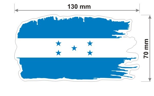 Naklejka wodoodporna z flagą Hondurasu w stylu duszka. Podane są wymiary, szerokość  13 cm i wysokość 7 cm. Na zewnątrz flagi państwa Honduras znajduje się biała obwódka stanowiąca białe tło dla flagi Hondurasu.