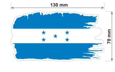 Naklejka wodoodporna z flagą Hondurasu w stylu duszka. Podane są wymiary, szerokość  13 cm i wysokość 7 cm. Na zewnątrz flagi państwa Honduras znajduje się biała obwódka stanowiąca białe tło dla flagi Hondurasu.