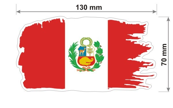 Naklejka wodoodporna z flagą Peru w stylu duszka. Podane są wymiary, szerokość  13 cm i wysokość 7 cm. Na zewnątrz flagi państwa Peru znajduje się biała obwódka stanowiąca białe tło dla flagi Peru.