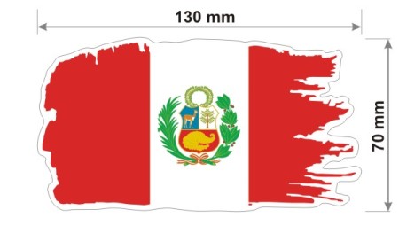 Naklejka wodoodporna z flagą Peru w stylu duszka. Podane są wymiary, szerokość  13 cm i wysokość 7 cm. Na zewnątrz flagi państwa Peru znajduje się biała obwódka stanowiąca białe tło dla flagi Peru.