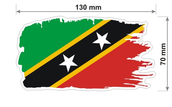 Naklejka wodoodporna z flagą Saint Kitts i Nevis w stylu duszka. Podane są wymiary, szerokość  13 cm i wysokość 7 cm. Na zewnątrz flagi państwa Saint Kitts i Nevis znajduje się biała obwódka stanowiąca białe tło dla flagi Saint Kitts i Nevis.