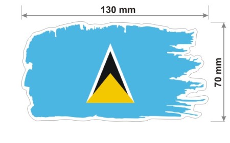 Naklejka wodoodporna z flagą Saint Lucia w stylu duszka. Podane są wymiary, szerokość  13 cm i wysokość 7 cm. Na zewnątrz flagi państwa Saint Lucia znajduje się biała obwódka stanowiąca białe tło dla flagi Saint Lucia.