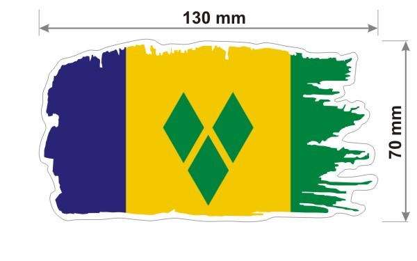 Naklejka wodoodporna z flagą Saint Vincent i Grenadyny w stylu duszka. Podane są wymiary, szerokość  13 cm i wysokość 7 cm. Na zewnątrz flagi znajduje się biała obwódka stanowiąca białe tło dla flagi Saint Vincent i Grenadyny.