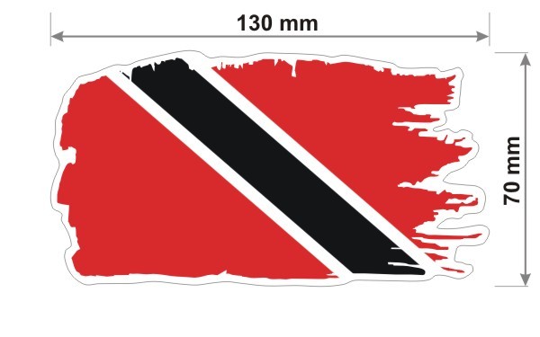 Naklejka wodoodporna z flagą Trynidadu i Tobago w stylu duszka. Podane są wymiary, szerokość  13 cm i wysokość 7 cm. Na zewnątrz flagi znajduje się biała obwódka stanowiąca białe tło dla flagi Trynidadu i Tobago.