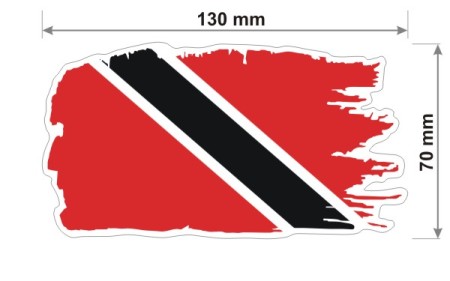 Naklejka wodoodporna z flagą Trynidadu i Tobago w stylu duszka. Podane są wymiary, szerokość  13 cm i wysokość 7 cm. Na zewnątrz flagi znajduje się biała obwódka stanowiąca białe tło dla flagi Trynidadu i Tobago.