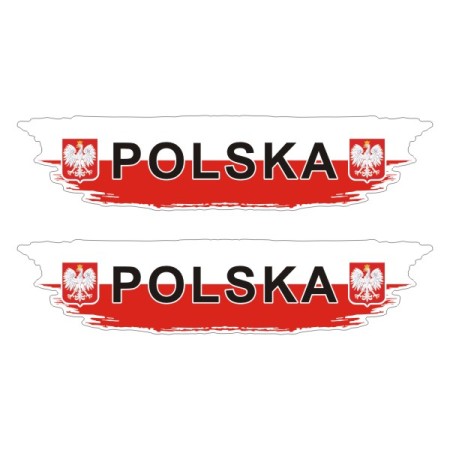Dwie flagi Polski, każda z dwoma godłami i napisem Polska