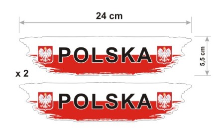 Dwie flagi, każda z napisem Polska i dwoma godłami, długości 24 cm