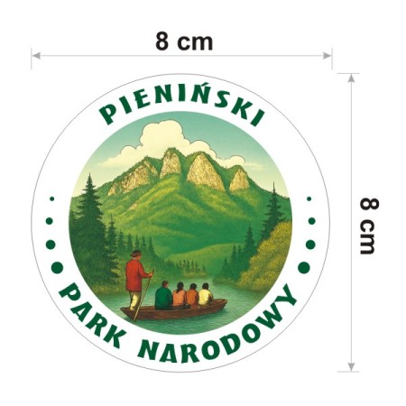 Naklejka Pieniński Park Narodowy okrągła o średnicy 8 cm. Na naklejce w stylu akwareli szczyt Trzy Korony i Dunajec z tratwą.