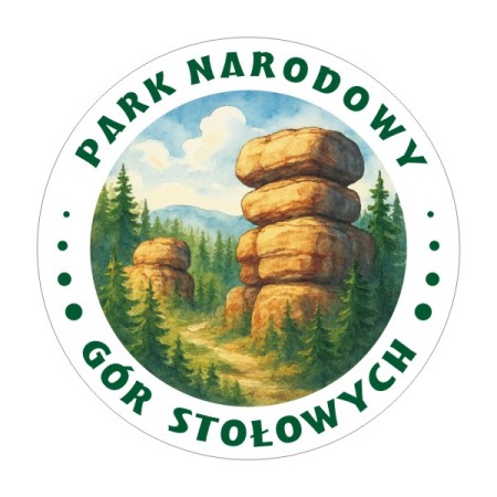 Naklejka Park Narodowy Gór Stołowych z charakterystycznymi skałkami dla tego parku, naklejka w stylu akwareli.
