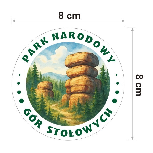 Naklejka okrągła Park Narodowy Gór Stołowych o średnicy 8 cz. Na naklejce charakterystyczne dla tego parku skałki w stylu akwareli.