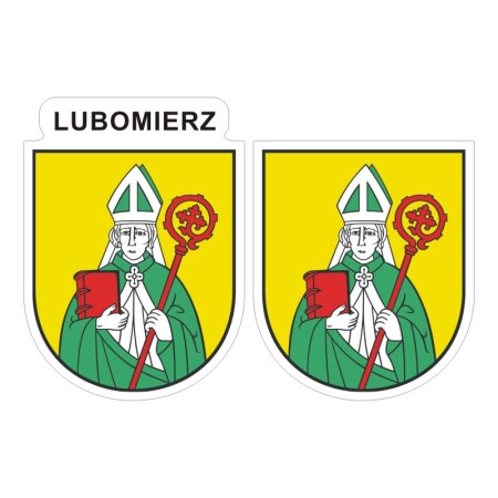 2 naklejki z dwoma herbami miasta Lubomierz. Jeden herb z napisem na górze Lubomierz, drugi bez napisu.