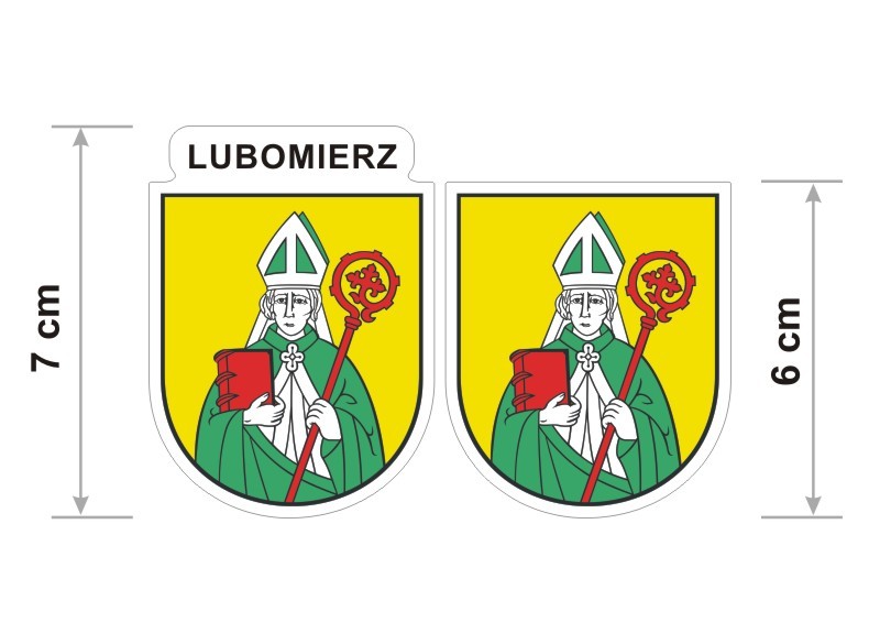 2 naklejki z dwoma herbami miasta Lubomierz. Jeden herb z napisem na górze Lubomierz, drugi bez napisu. Wysokość naklejki z napisem 7cm., bez napisu 6 cm.
