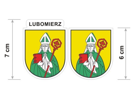 2 naklejki z dwoma herbami miasta Lubomierz. Jeden herb z napisem na górze Lubomierz, drugi bez napisu. Wysokość naklejki z napisem 7cm., bez napisu 6 cm.