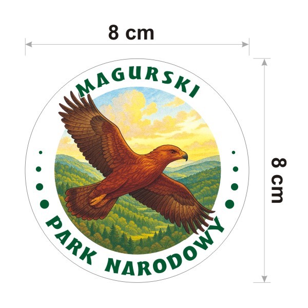 Naklejka Magurski Park Narodowy z orlikiem krzykliwym, okrągła o średnicy 8 cm.