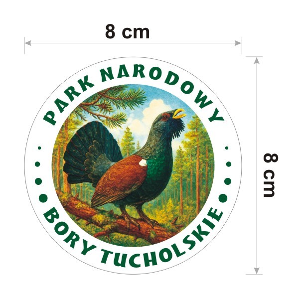 Naklejka Park Narodowy Bory Tucholskie z cietrzewiem, jako symbol parku. Naklejka okrągła o średnicy 8 cz.