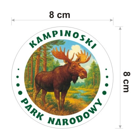 Naklejka Kampinoski Park Narodowy z łosiem, jako symbol parku. Naklejka jest okrągła o średnicy 8 cm. Na zewnątrz napis Kampinoski Park Narodowy.