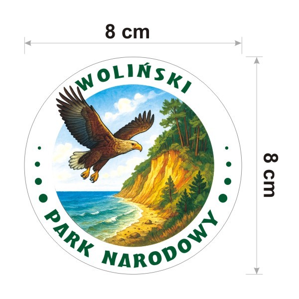 Naklejka Woliński Park Narodowy z orłem bielikiem, jako symbol parku. Naklejka jest okrągła o średnicy 8 cm. Na zewnątrz napis Woliński Park Narodowy.