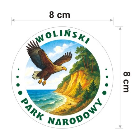 Naklejka Woliński Park Narodowy z orłem bielikiem, jako symbol parku. Naklejka jest okrągła o średnicy 8 cm. Na zewnątrz napis Woliński Park Narodowy.