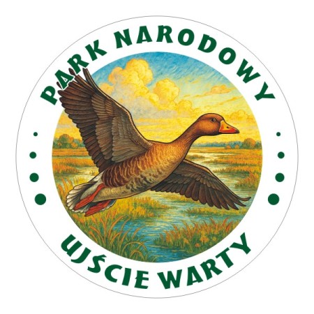 Okrągła, wodoodporna naklejka Park Narodowy Ujście Warty z gęsią tundrową, jako symbol parku.