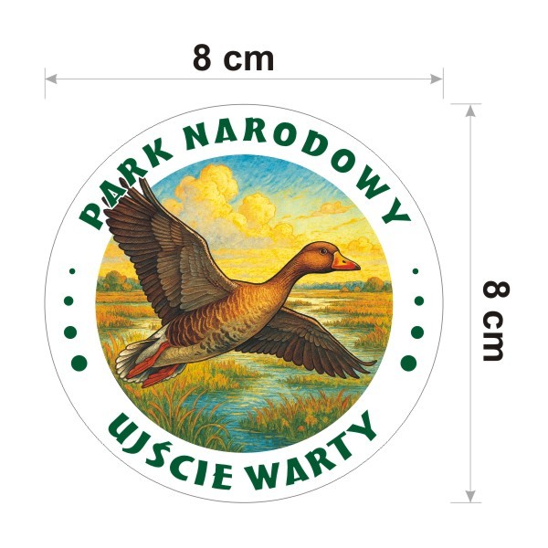 Naklejka Park Narodowy Ujście Warty z gęsią tundrową, jako symbol parku. Naklejka nest okrągła o średnicy 8 cm. Na zewnątrz napis Park Narodowy Ujście Warty.