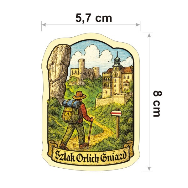 Wysoka na 8 cm, wodoodporna naklejka Szlak Orlich Gniazd. Na zewnątrz jest kremowa obwódka i na dole napis Szlak Orlich Gniazd.