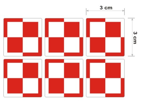 Zestaw 6 szachownic lotniczych Polski o długości boku 3 cm.