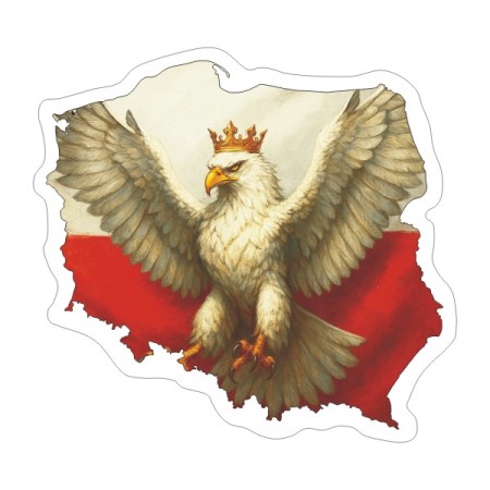 Naklejka w kształcie konturu Polski z orłem patrzącym w lewo. Naklejka ma białą obwódkę, jest kolorowa i wodoodporna.