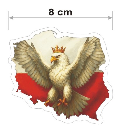 Kolorowa, wodoodporna naklejka w kształcie konturu Polski z orłem patrzącym w lewo. Naklejka z orłem ma szerokość 8 cm.