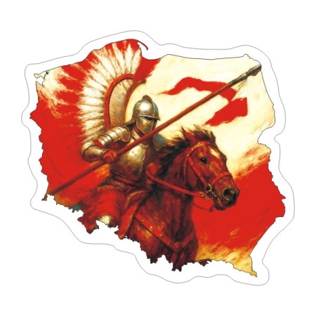 Naklejka w kształcie konturu Polski z husarzem. Na zewnątrz naklejki, gustowna, biała obwódka. Naklejka wodoodporna i kolorowa.