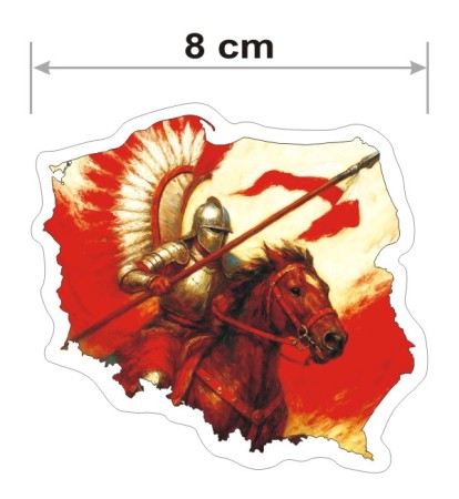Wodoodporna i kolorowa naklejka o szerokości 8 cm w kształcie konturu Polski z husarzem.