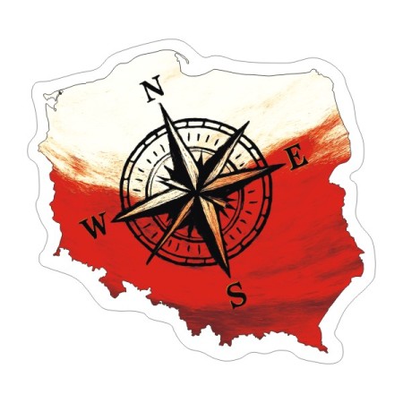 Naklejka Kontur Polski z Różą Wiatrów. Naklejka jest wodoodporna i kolorowa z białą obwódką na zewnątrz.