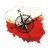 Naklejka Kontur Polski z Różą Wiatrów. Naklejka jest wodoodporna i kolorowa z białą obwódką na zewnątrz.