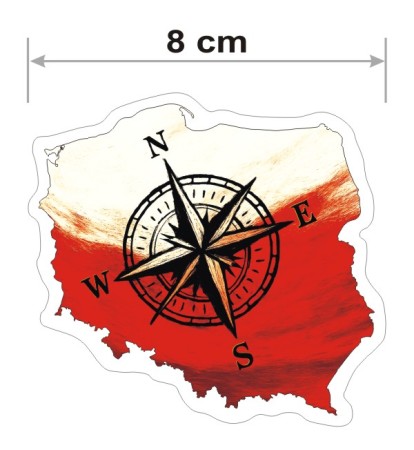Wodoodporna i kolorowa naklejka Kontur Polski z Różą Wiatrów o szr4okości 8 cm.