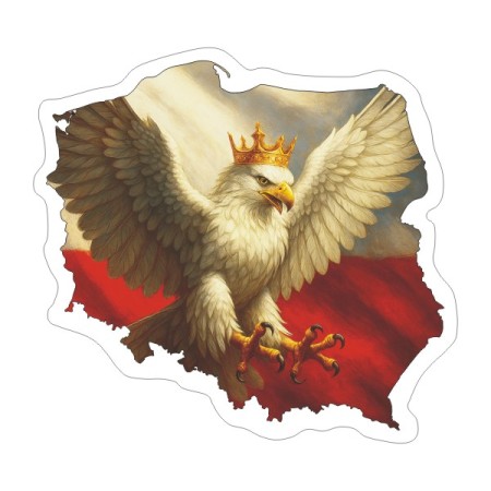 Naklejka Kontur Polski z Orłem w koronie patrzącym w prawo. Na zewnątrz jest biała obwódka. Naklejka jest wodoodporna i kolorowa.