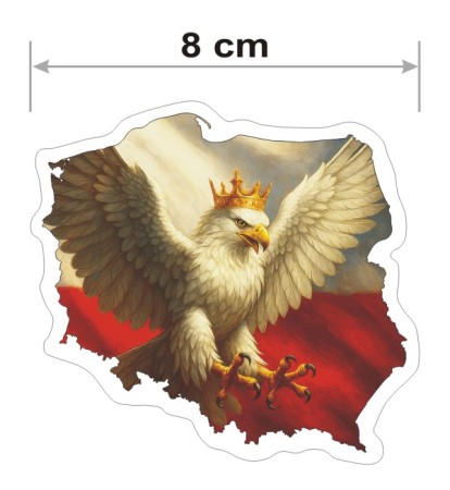 Wodoodporna i kolorowa naklejka Kontur Polski z Orłem w koronie patrzącym w prawo o szerokości 8 cm.