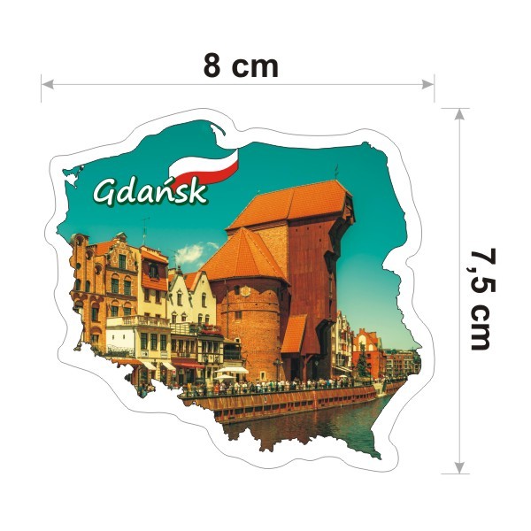 Wodoodporna i kolorowa naklejka w kształcie konturu Polski z Żurawiem Gdańskim i napisem Gdańsk. Szerokość naklejki 8 cm.