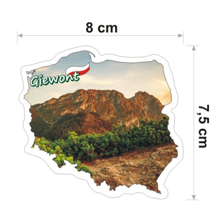 Wodoodporna i kolorowa naklejka w kształcie konturu Polski z giewontem i napisem Giewont o szerokości 8 cm.