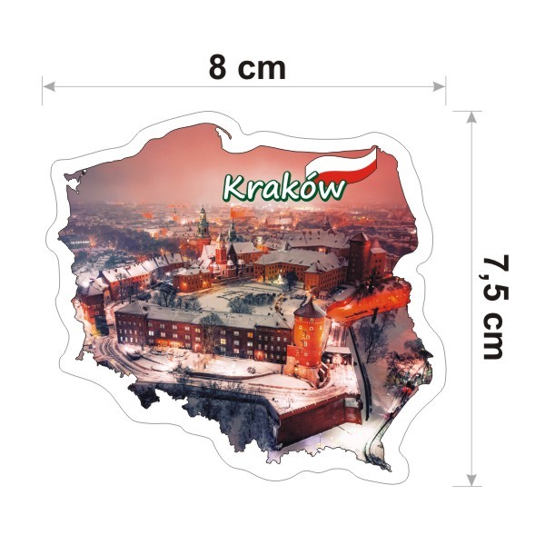 Wodoodporna i kolorowa naklejka Kontur Polski z Krakowem zimową nocą o szerokości 8 cm.