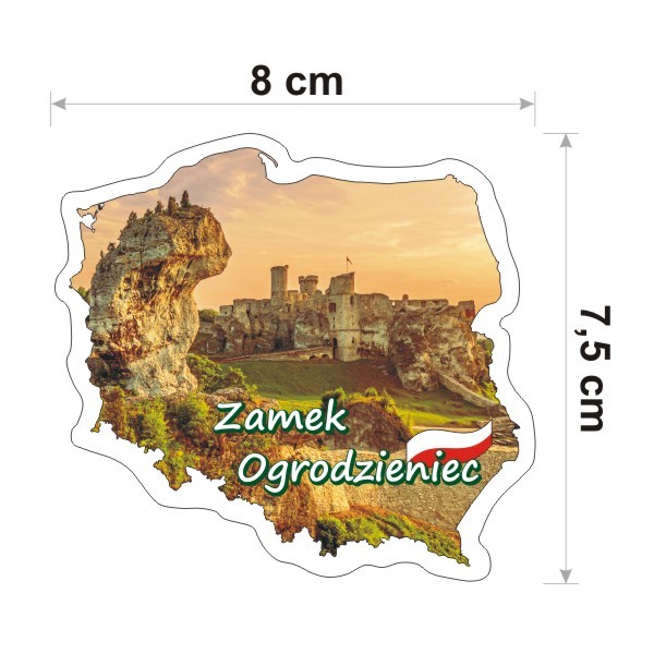 Wodoodporna i kolorowa naklejka Kontur Polski z Zamkiem Ogrodzieniec o szerokości 8 cm.
