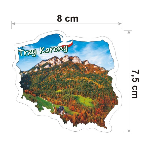 Wodoodporna i kolorowa naklejka z Trzema Koronami w konturze Polski i napisem Trzy Korony, o szerokości 8 cm.