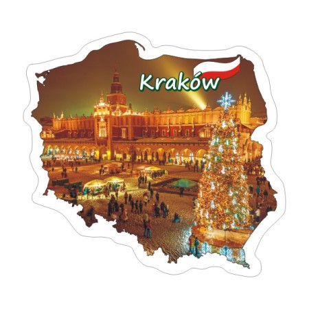 Naklejka w kształcie konturu Polski z krakowskim Rynkiem i choinką świąteczną. Naklejka jest wodoodporna i kolorowa, posiada napis Kraków oraz białą obwódkę na zewnątrz.