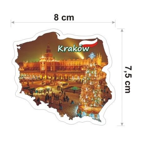 Wodoodporna i kolorowa naklejka w kształcie konturu Polski i Rynkiem krakowskim oraz choinką świąteczną. Posiada napis Kraków i jest szerokości 8 cm.