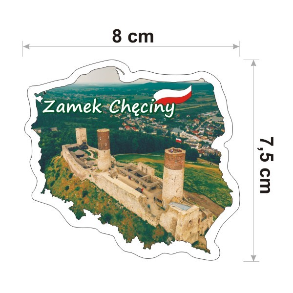 Wodoodporna i kolorowa naklejka w kształcie konturu Polski z Zamkiem Chęciny. Posiada napis Zamek Chęciny i jest szerokości 8 cm.