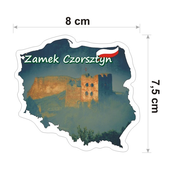 Wodoodporna i kolorowa naklejka w kształcie konturu Polski z Zamkiem Czorsztyn. Posiada napis Zamek Czorsztyn i jest szerokości 8 cm.