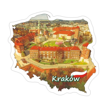 Naklejka w kształcie konturu Polski z krakowskim Wawelem wiosenną porą. Naklejka jest wodoodporna i kolorowa, posiada napis Kraków oraz białą obwódkę na zewnątrz.