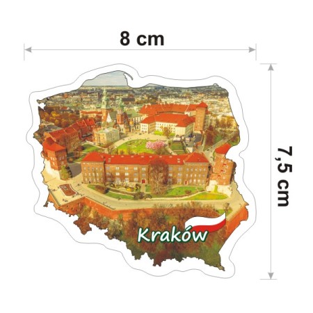 Wodoodporna i kolorowa naklejka w kształcie konturu Polski i Wawelem w Krakowie wiosenną porą. Posiada napis Kraków i jest szerokości 8 cm.