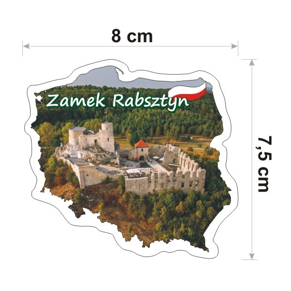 Wodoodporna i kolorowa naklejka w kształcie konturu Polski z Zamkiem Rabsztyn. Posiada napis Zamek Rabsztyn i jest szerokości 8 cm.