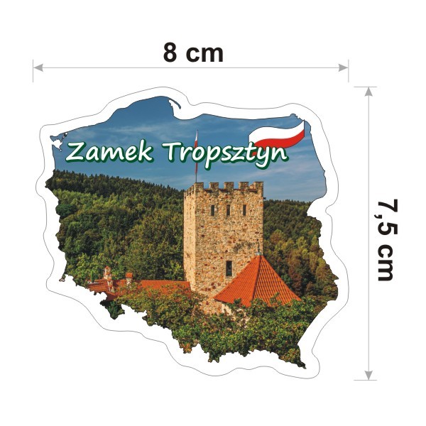 Wodoodporna i kolorowa naklejka w kształcie konturu Polski z Zamkiem Tropsztyn. Posiada napis Zamek Tropsztyn i jest szerokości 8 cm.