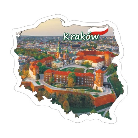 Naklejka w kształcie konturu Polski z krakowskim Wawelem latem. Naklejka jest wodoodporna i kolorowa, posiada napis Kraków oraz białą obwódkę na zewnątrz.